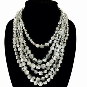 Edwardian 6 strand silver crystal dramatic bib necklace